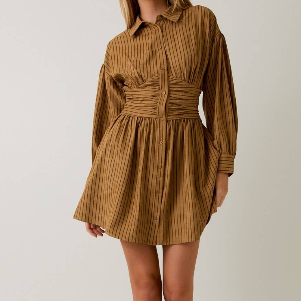 Lane 201 Empire Waist Fit and Flare Mini Dress Tan Striped Button-Up Size L New